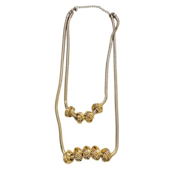 Gold-Tone Double Layer Snake Knotted Bead Necklace Earrings Set Adjust Chain 10" - Picture 2 of 6